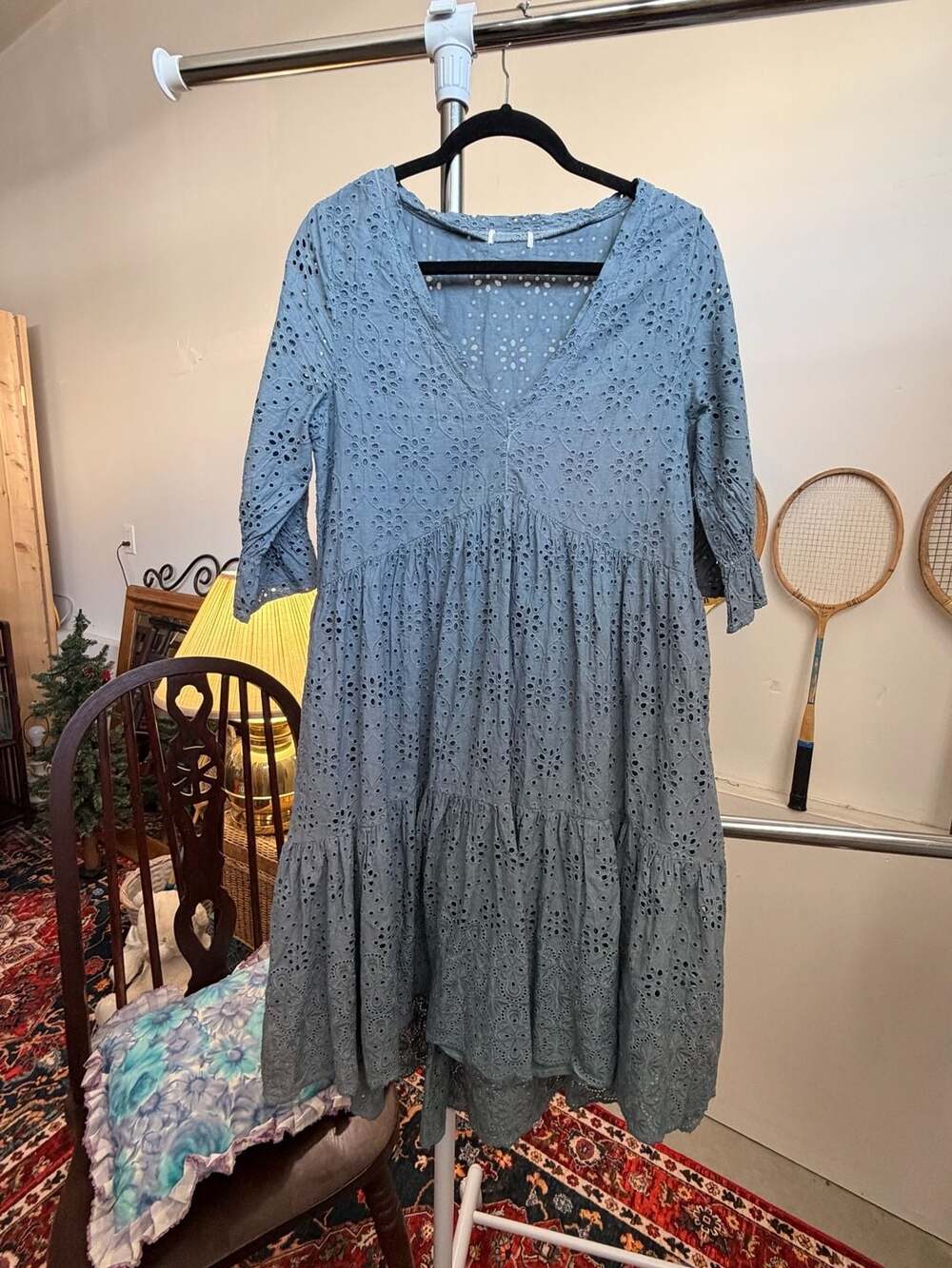 Sundance Eyelet Blue Cotton Dress Tiered Midi Boho Chic Country Cottage FarmGirl